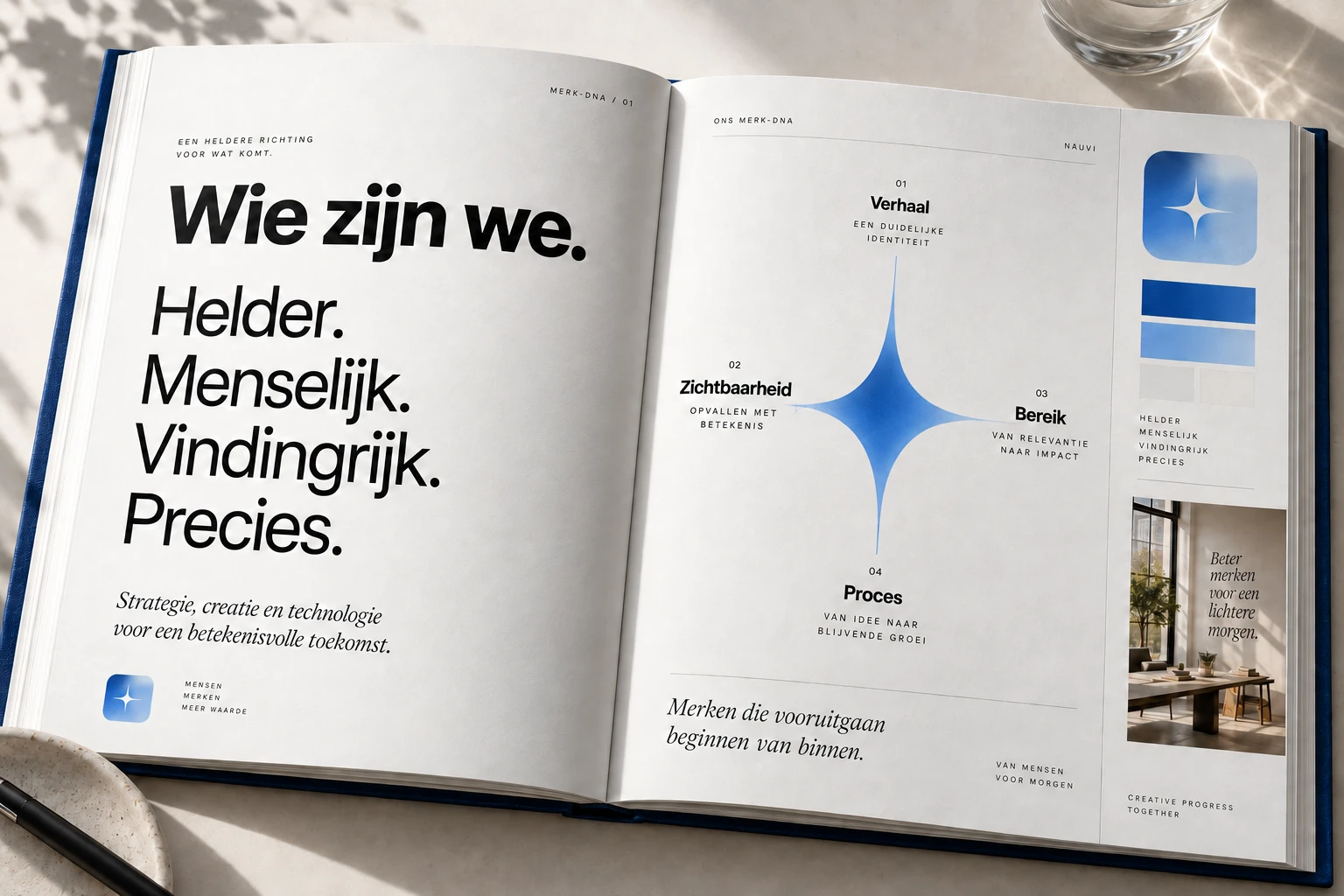 Nauvi-merkboek met merkwaarden, kleuren en de vier specialisaties